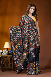 Ebony black multicolor hand-stitched kutch work silk saree with mirror detailing black saree vibrant intricate