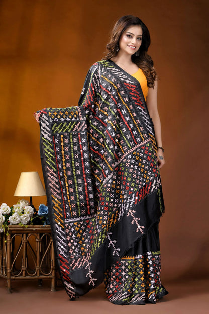 Ebony black multicolor hand-stitched kutch work silk saree with mirror detailing black saree vibrant intricate