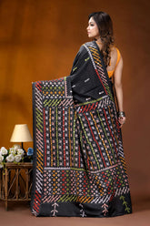 Ebony black multicolor hand-stitched kutch work silk saree with mirror detailing black saree intricate multicolored