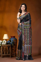 Ebony black multicolor hand-stitched kutch work silk saree with mirror detailing black saree intricate multicolored