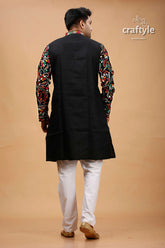 Ebony black multicolor thread kantha cotton punjabi for men embroidered kurta vibrant red 5