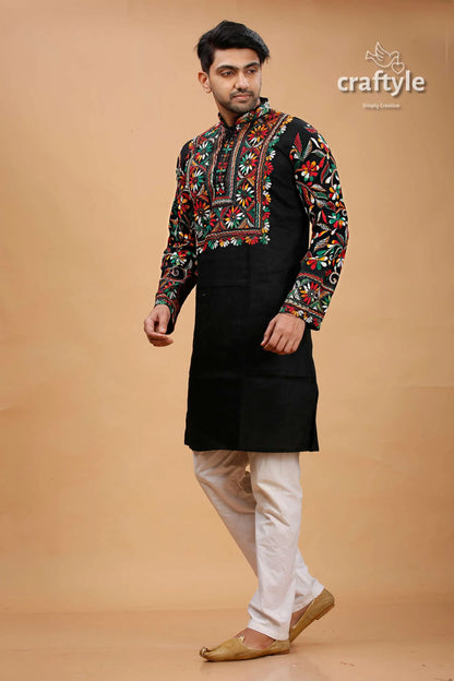 Ebony black multicolor thread kantha cotton punjabi for men embroidered kurta vibrant floral 3