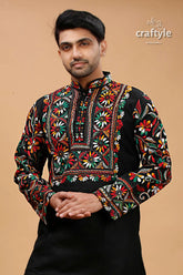 Ebony black multicolor thread kantha cotton punjabi for men embroidered kurta vibrant floral 2