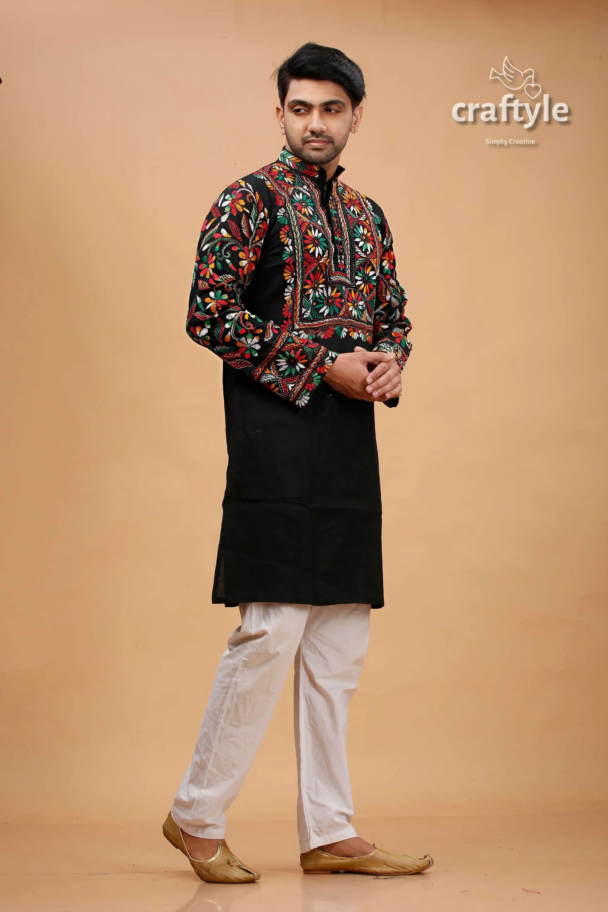 Ebony black multicolor thread kantha cotton punjabi for men embroidered kurta vibrant red 4