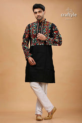 Ebony black multicolor thread kantha cotton punjabi for men embroidered kurta vibrant floral 1