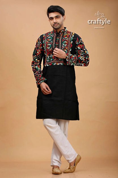 Ebony black multicolor thread kantha cotton punjabi for men embroidered kurta vibrant floral 1