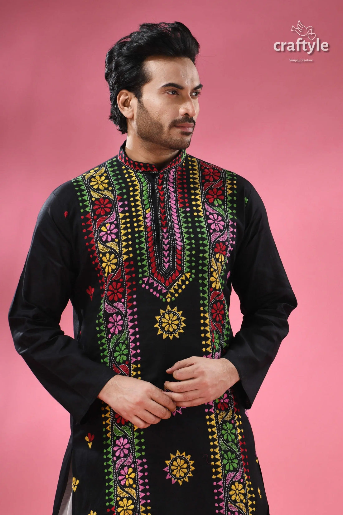 Ebony black multicolor thread kantha menās cotton kurta menās black embroidered kurta colorful 2