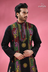 Ebony black multicolor thread kantha men’s cotton kurta men’s black embroidered kurta colorful 2