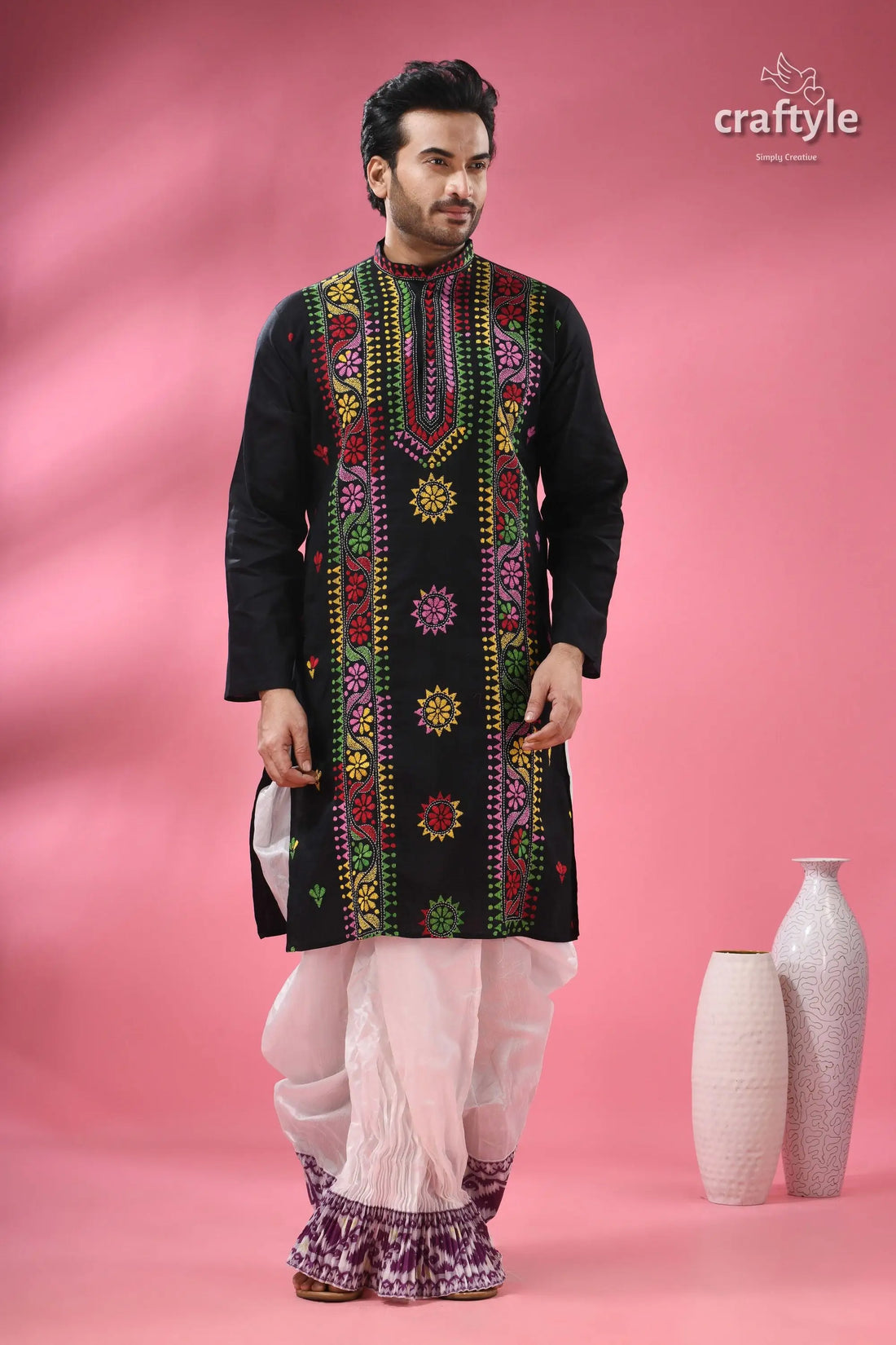 Ebony black multicolor thread kantha menās cotton kurta menās black embroidered long sleeved kurta 1