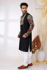 Ebony black multicolor thread kantha work cotton mens kurta embroidered vibrant floral 3