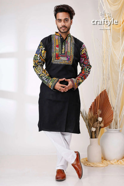Ebony black multicolor thread kantha work cotton mens kurta embroidered vibrant colorful 1