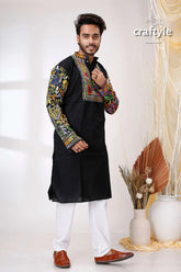 Ebony black multicolor thread kantha work cotton mens kurta vibrant colorful embroidery 4