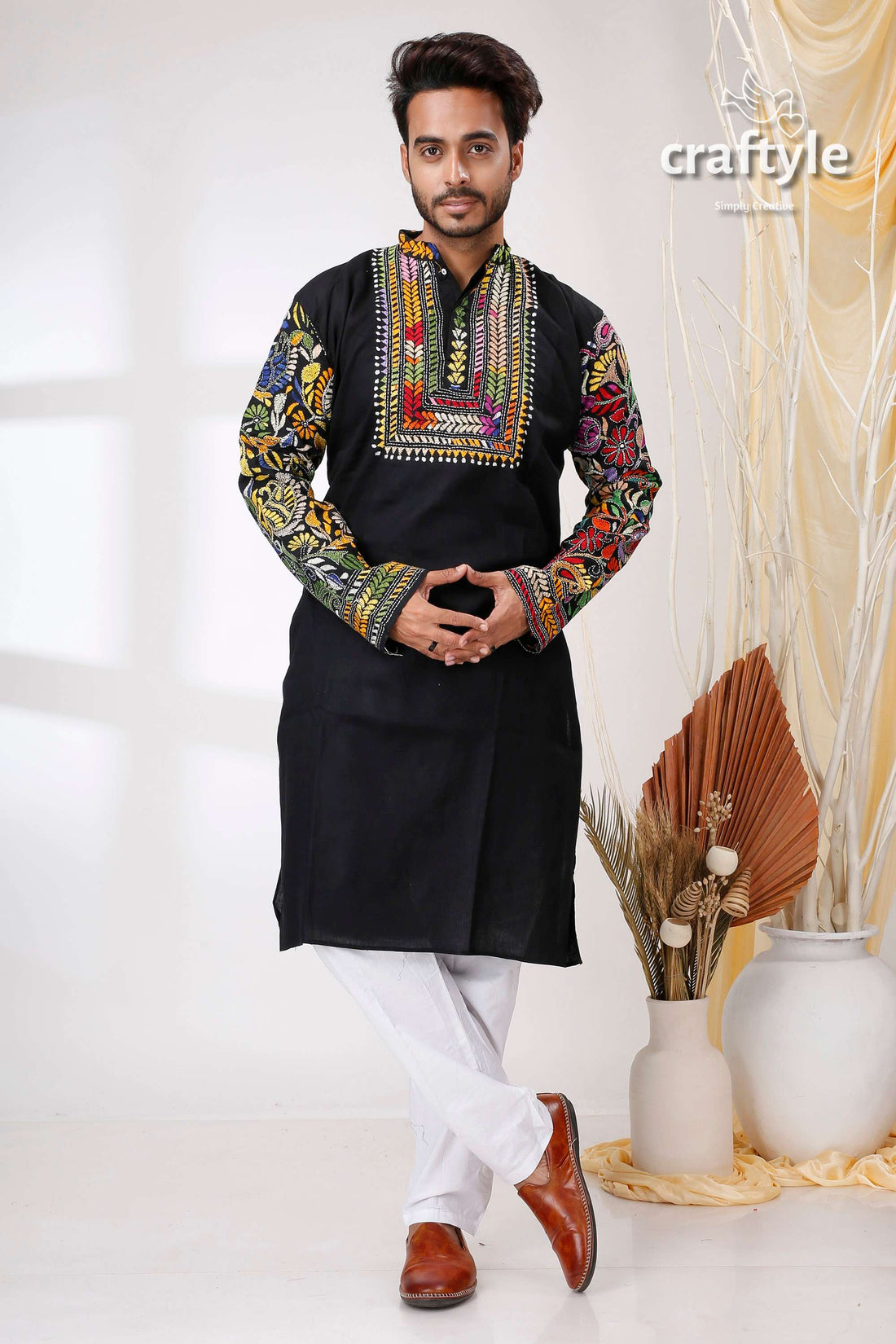 Ebony Black Multicolor Thread Kantha Work Cotton Mens Kurta - Craftyle