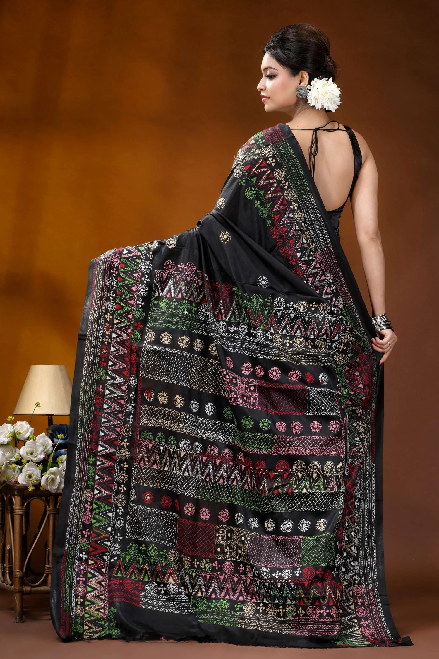 Ebony black multithread geometric design hand embroidery silk lambani saree black saree intricate multicolored