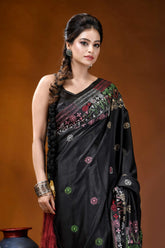 Ebony black multithread geometric design hand embroidery silk lambani saree black silk saree intricate floral 2