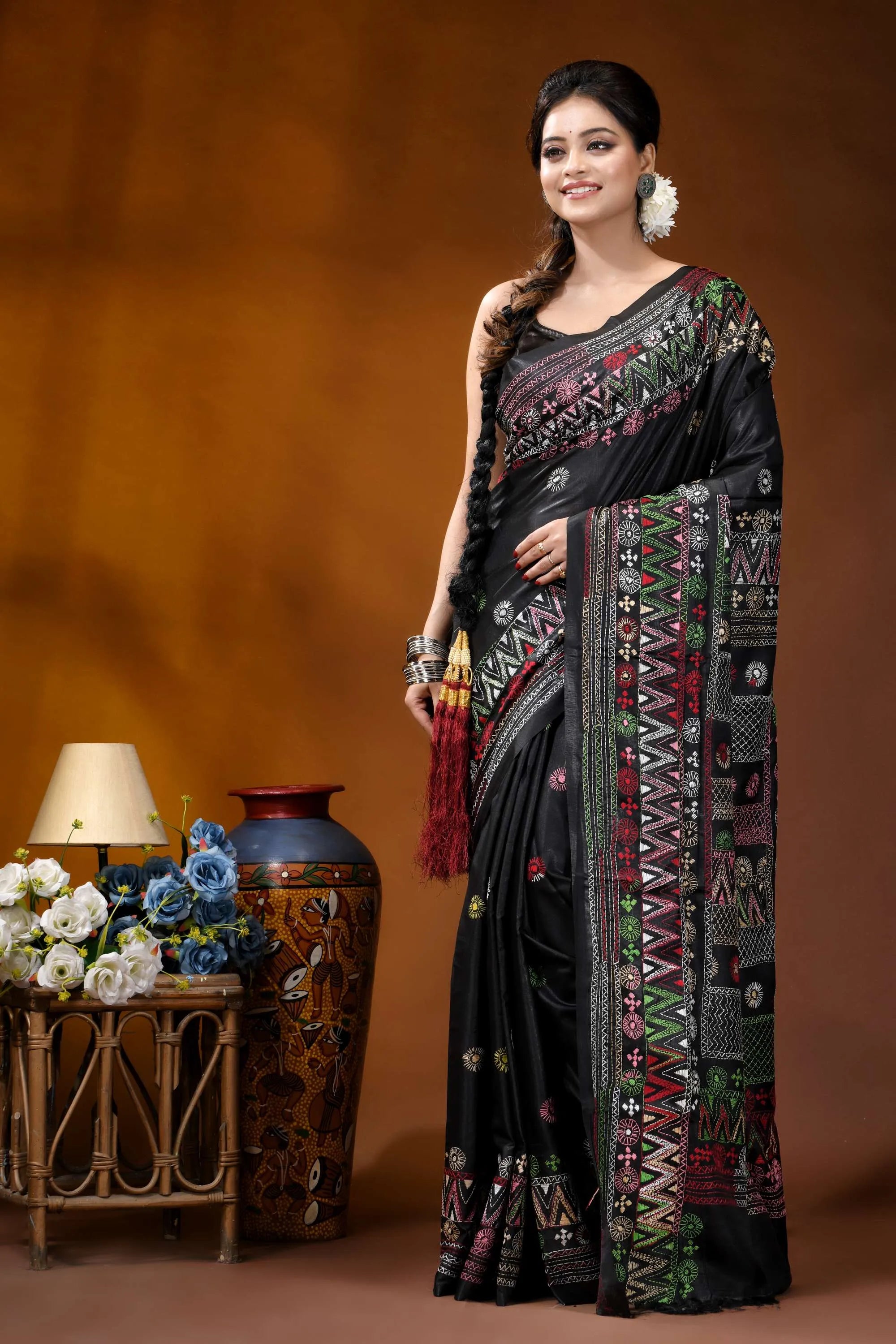 Ebony black multithread geometric design hand embroidery silk lambani saree black silk saree intricate multicolored 6