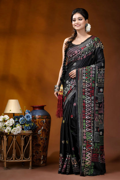 Ebony black multithread geometric design hand embroidery silk lambani saree black silk saree intricate multicolored 6
