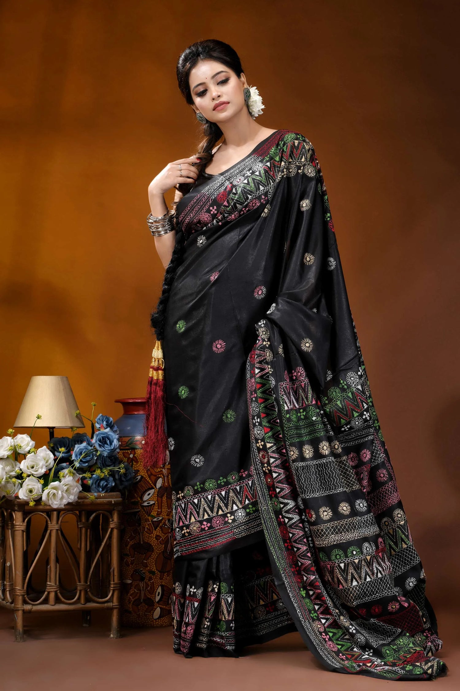 Ebony black multithread geometric design hand embroidery silk lambani saree black silk saree intricate multicolored 4