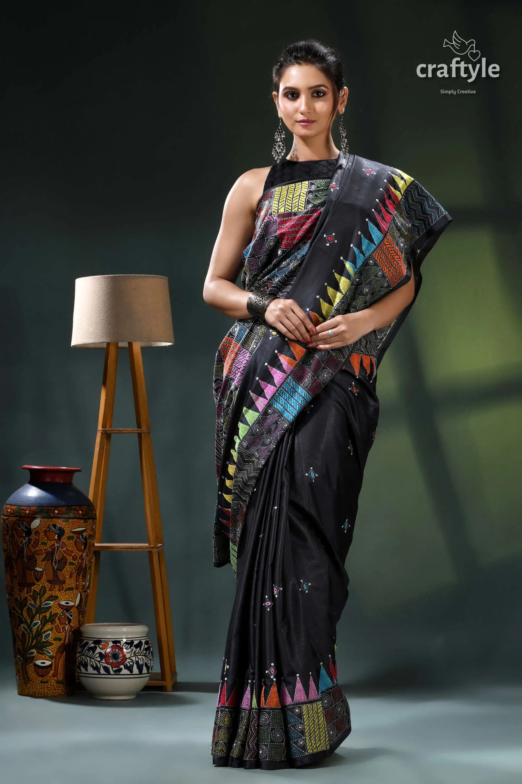 Ebony black multithread silk kantha stitch saree - geometric design black saree colorful geometric patterns 5