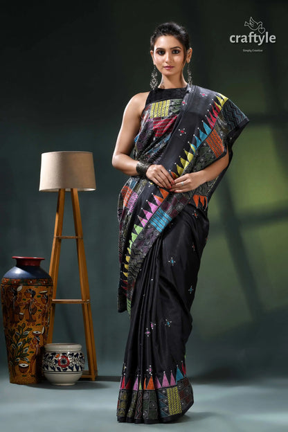 Ebony black multithread silk kantha stitch saree - geometric design black saree colorful geometric patterns 5