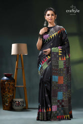 Ebony black multithread silk kantha stitch saree - geometric design black saree colorful geometric patterns 6