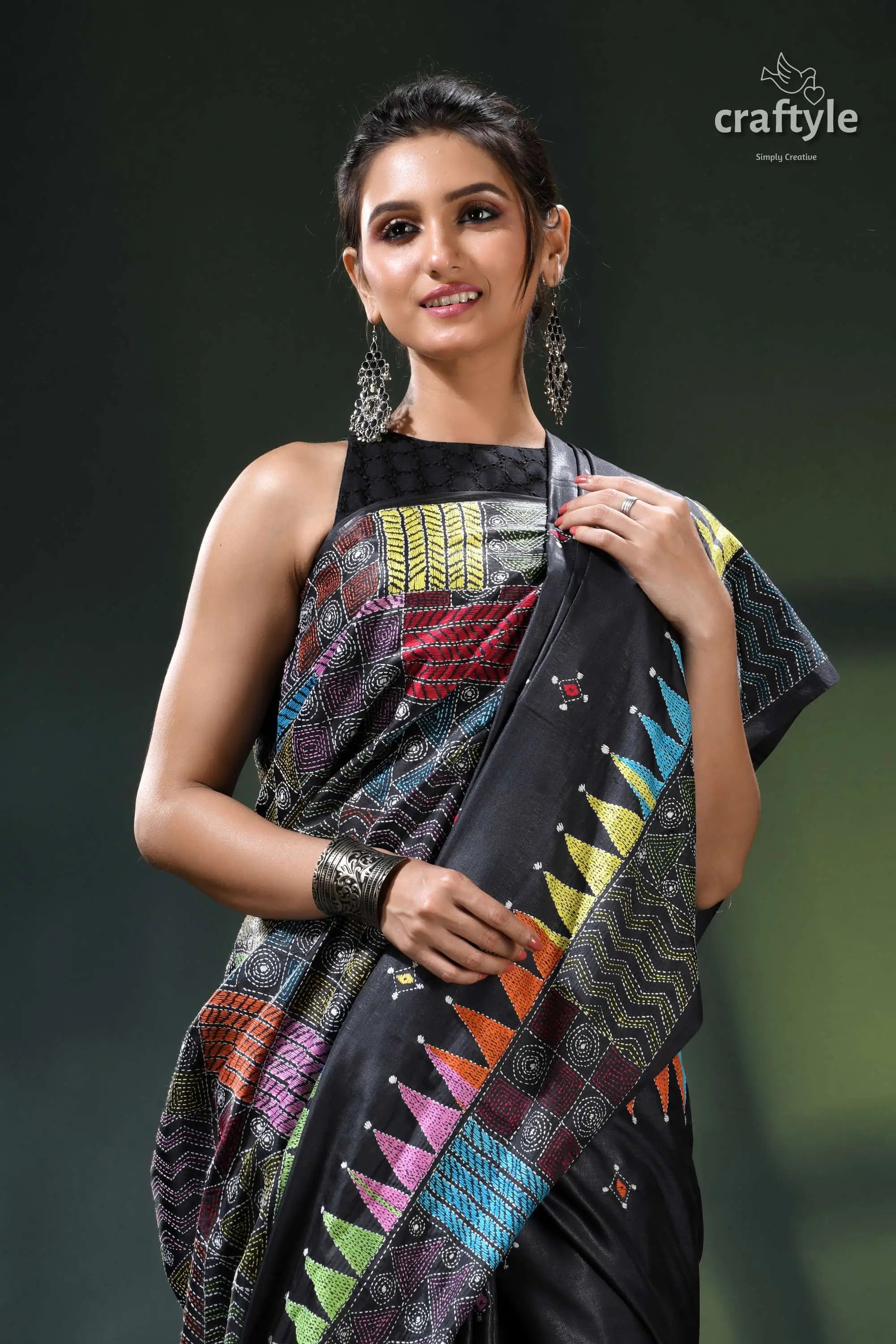 Ebony black multithread silk kantha stitch saree - geometric design black multicolored patchwork saree geometric 2