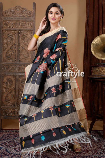 Ebony black painted zari pure tussar kalamkari design sari black beige floral saree 3