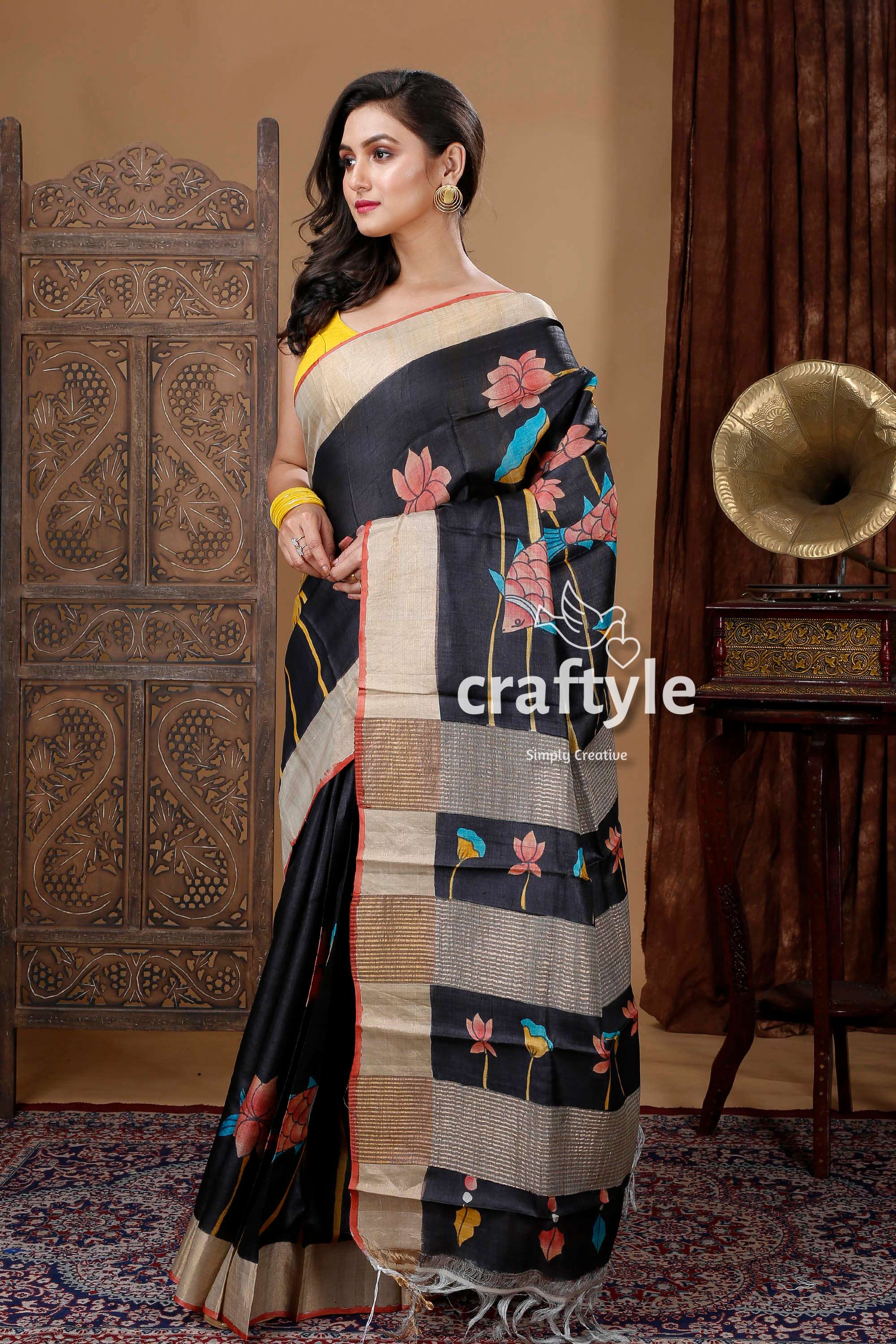 Ebony Black Painted Zari Pure Tussar Kalamkari Design Sari - Craftyle