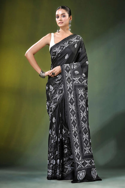 Ebony black paisley floral handcrafted silk kantha saree intricate white 6