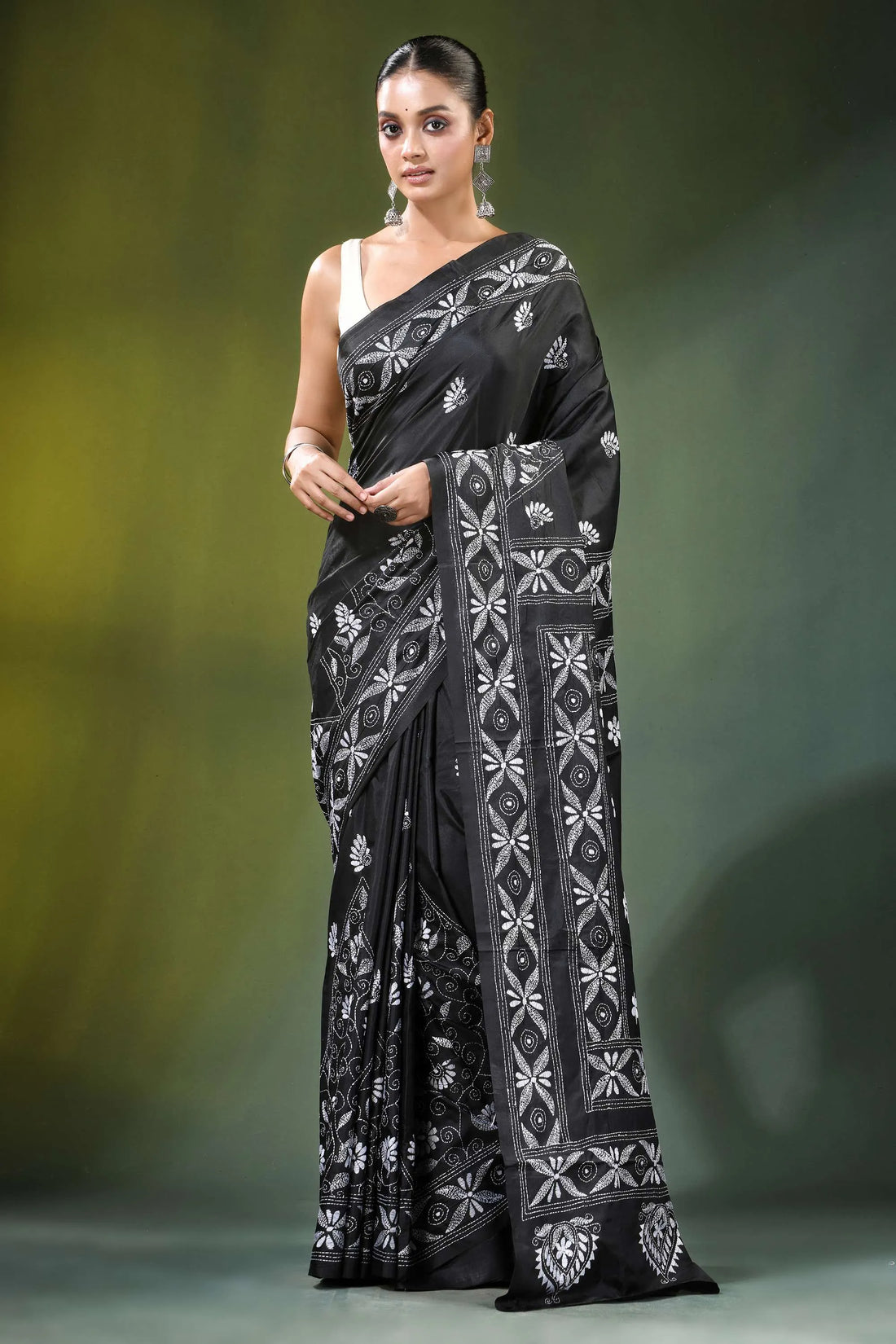 Ebony black paisley floral handcrafted silk kantha saree intricate white 1