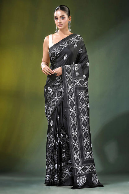 Ebony black paisley floral handcrafted silk kantha saree intricate white 1