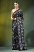 Ebony black paisley floral handcrafted silk kantha saree intricate white 1