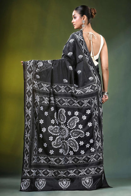 Ebony black paisley floral handcrafted silk kantha saree intricate white block-printed 5