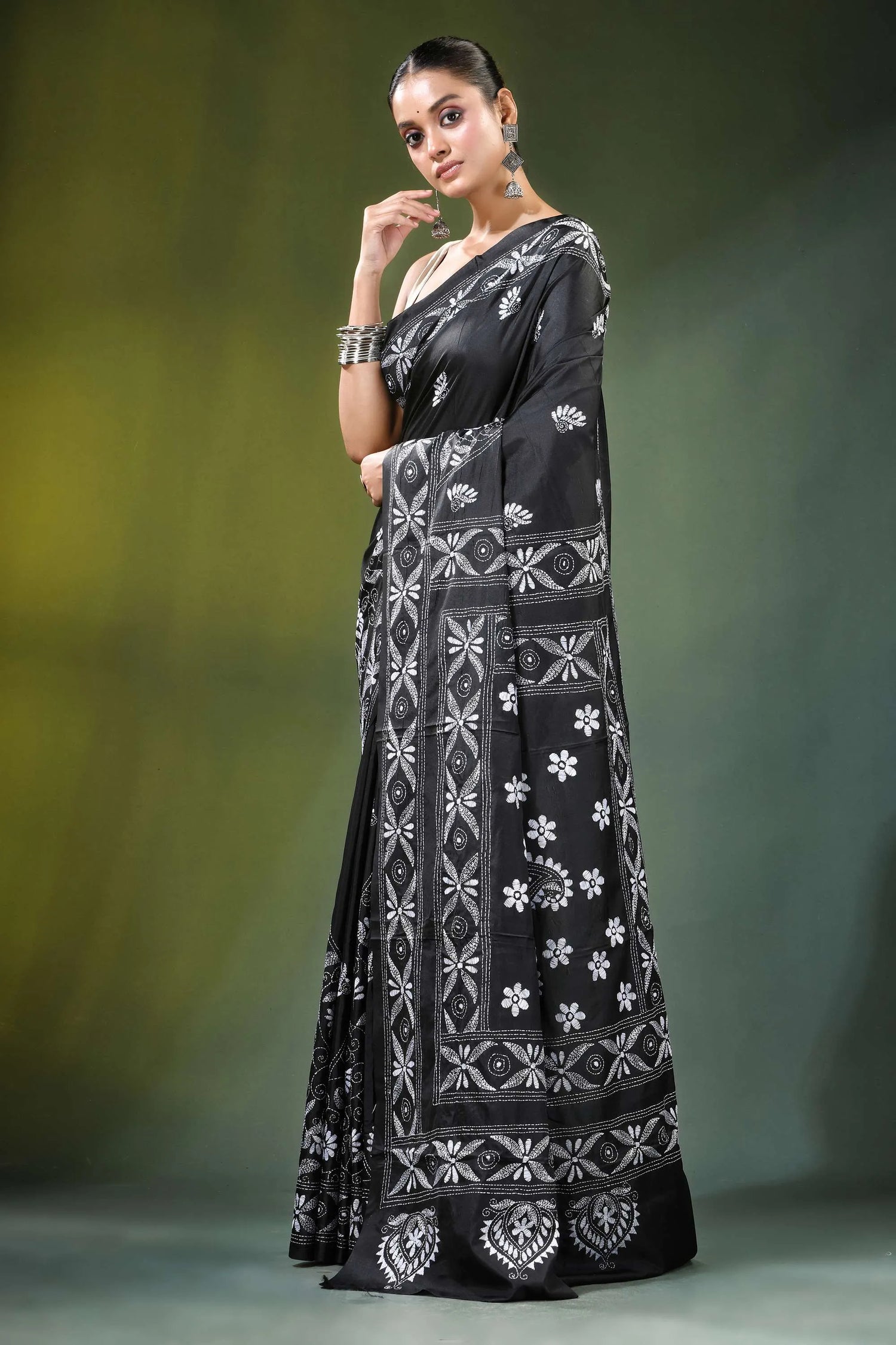 Ebony black paisley floral handcrafted silk kantha saree intricate white 3