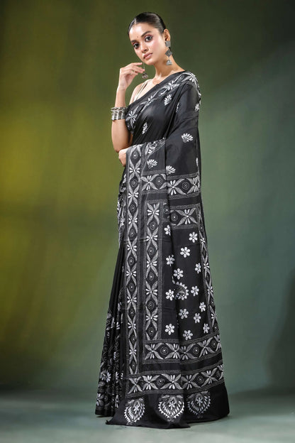 Ebony black paisley floral handcrafted silk kantha saree intricate white 3