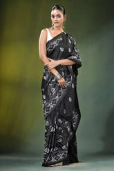 Ebony black paisley floral handcrafted silk kantha saree intricate white 4