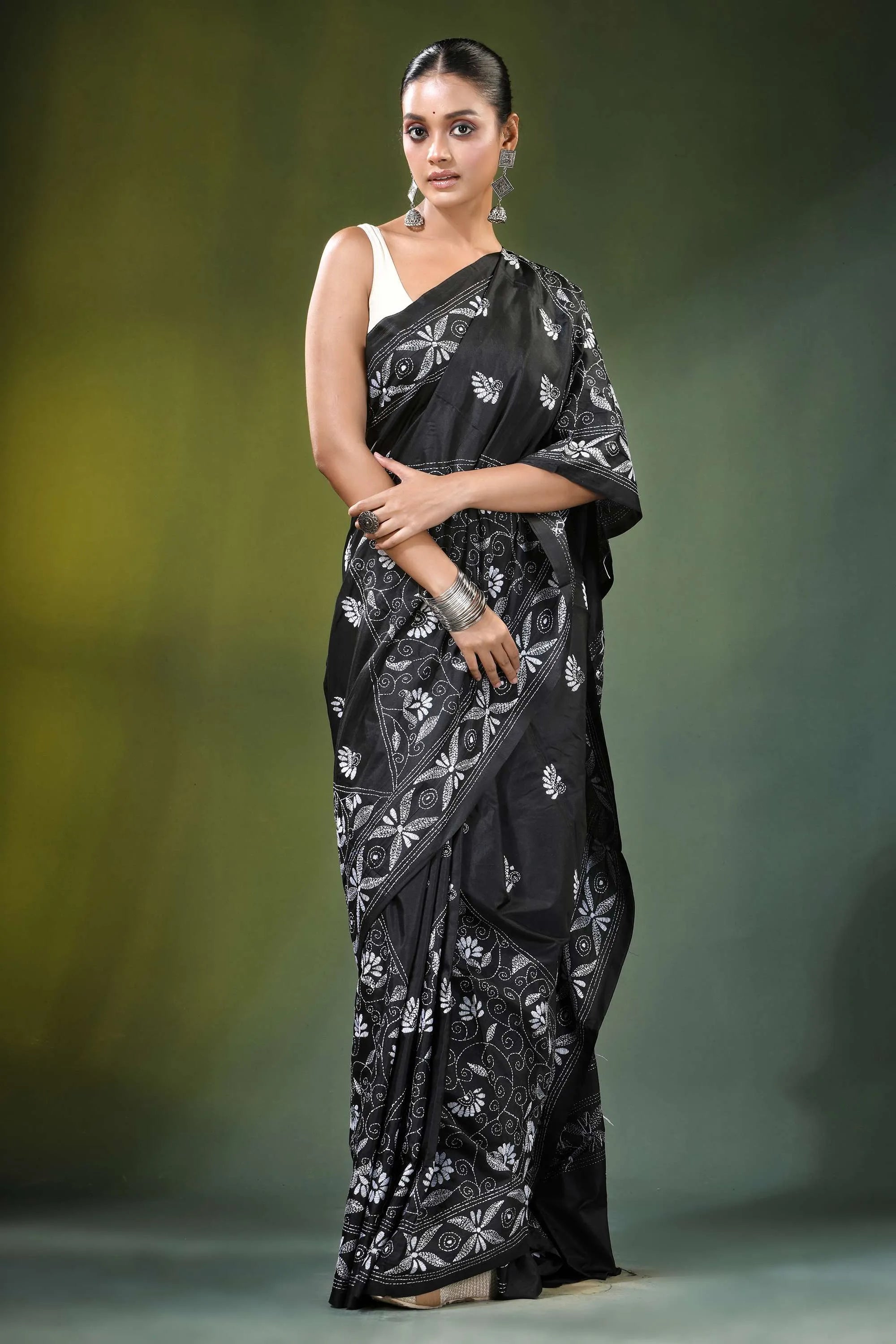 Ebony black paisley floral handcrafted silk kantha saree intricate white 4