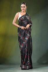 Ebony black paisley motif handcrafted silk kantha saree elegant adorned 4