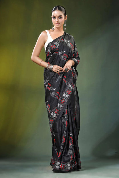 Ebony black paisley motif handcrafted silk kantha saree elegant adorned 4