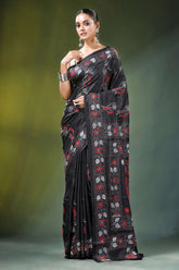 Ebony black paisley motif handcrafted silk kantha saree adorned intricate 6