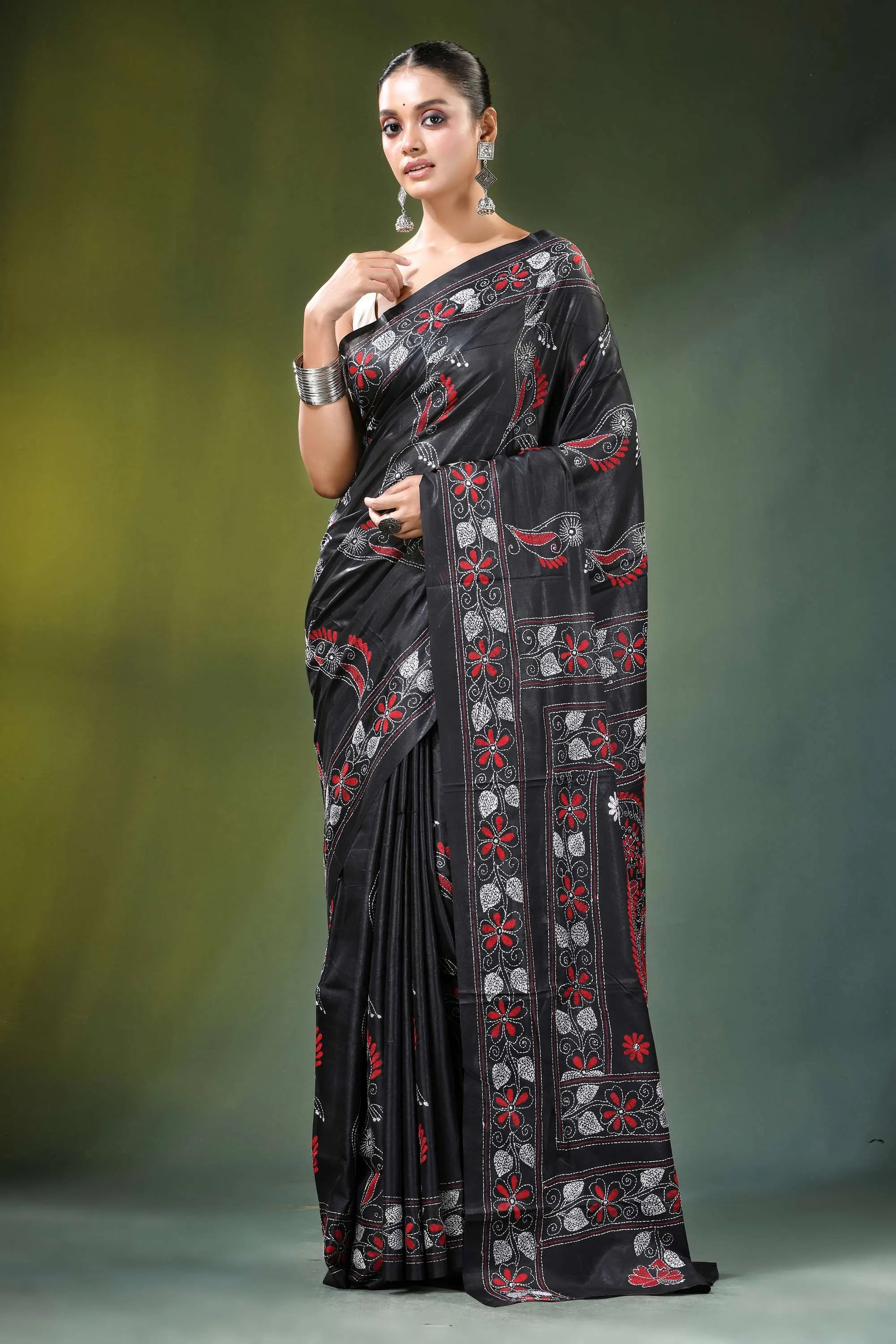 Ebony black paisley motif handcrafted silk kantha saree adorned intricate 6