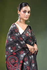 Ebony black paisley motif handcrafted silk kantha saree intricate red 2