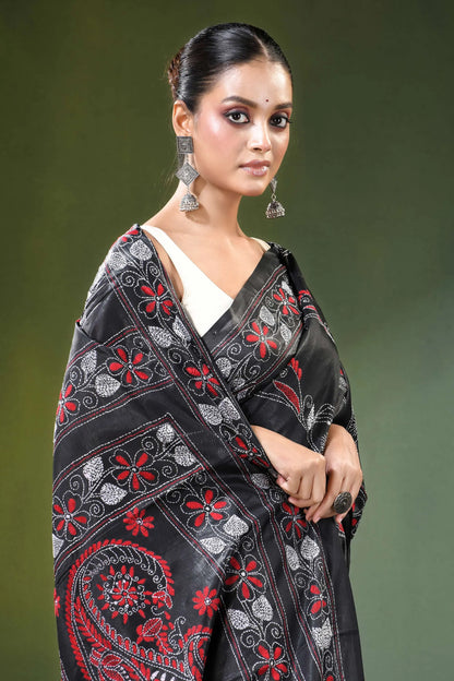 Ebony black paisley motif handcrafted silk kantha saree intricate red 2