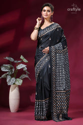 Ebony black party wear hand kutch embroidered silk saree - mirror work black silk saree intricate silver 6