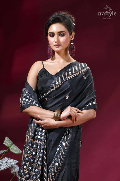 Ebony black party wear hand kutch embroidered silk saree - mirror work black silk saree intricate gold 2