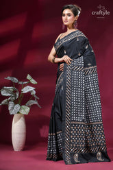 Ebony black party wear hand kutch embroidered silk saree - mirror work black saree intricate white gold 3