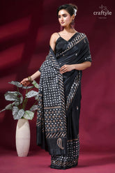 Ebony black party wear hand kutch embroidered silk saree - mirror work black saree intricate white gold 5