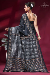 Ebony black party wear hand kutch embroidered silk saree - mirror work black silk saree intricate white 4