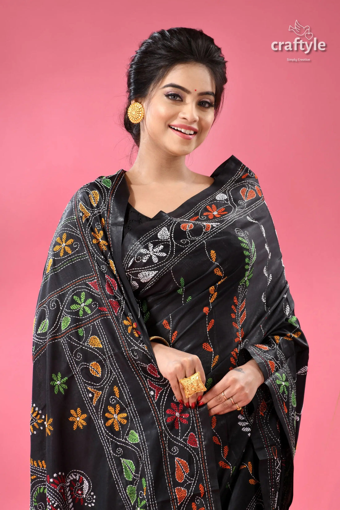 Ebony black party wear silk kantha stitch saree black saree colorful embroidery 2