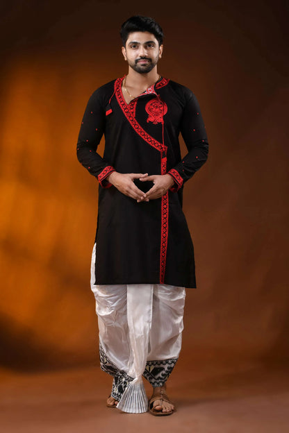 Ebony black pure cotton punjabi for men with red embroidery design 6